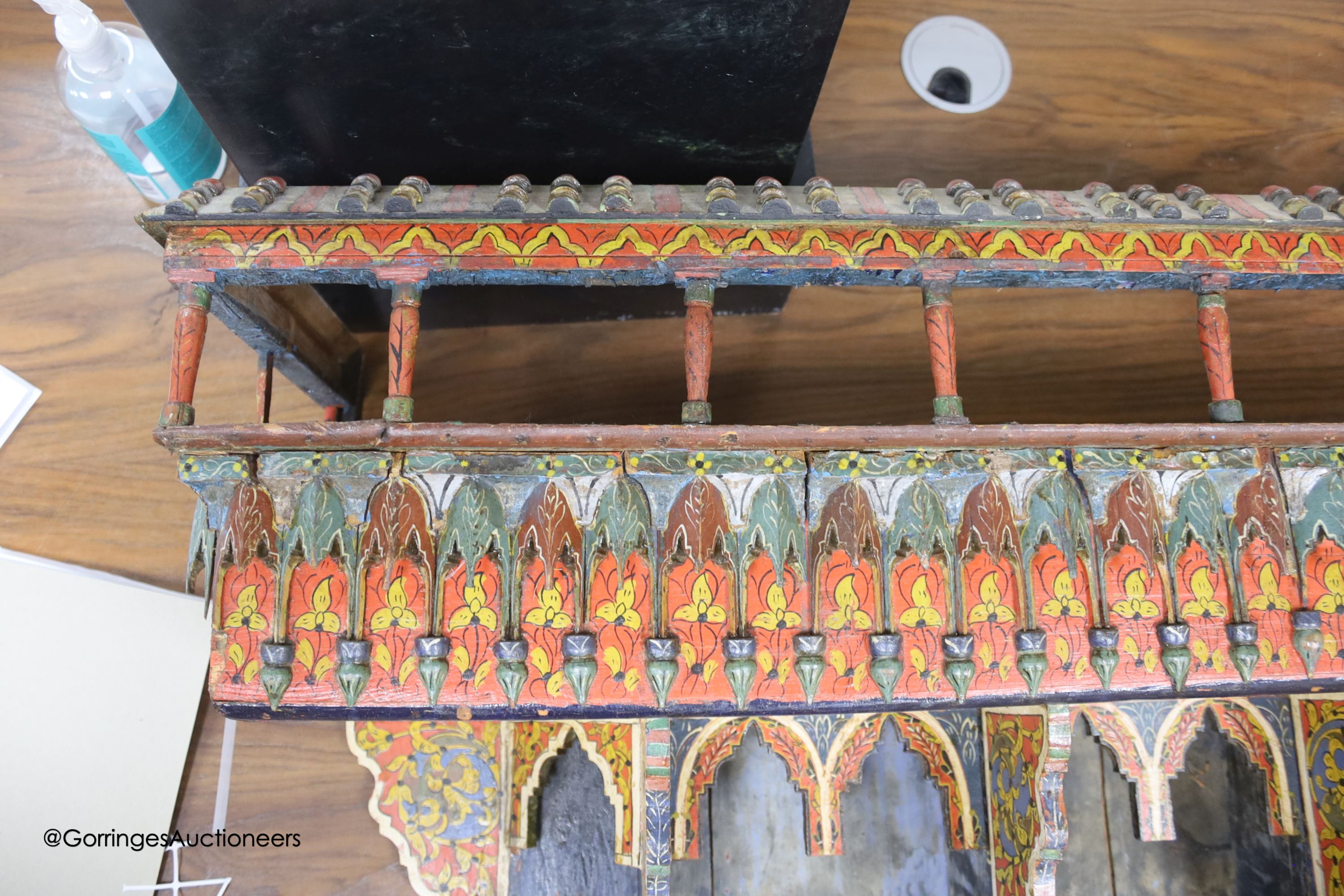 A 19th century painted wood wall shelf, width 106cm depth 26cm height 78cm